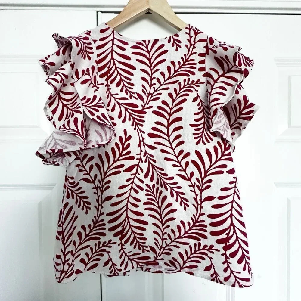 WHO WHAT WEAR | Linen Blend Ruffle Sleeve Blouse Shirt off White Red | Size XS